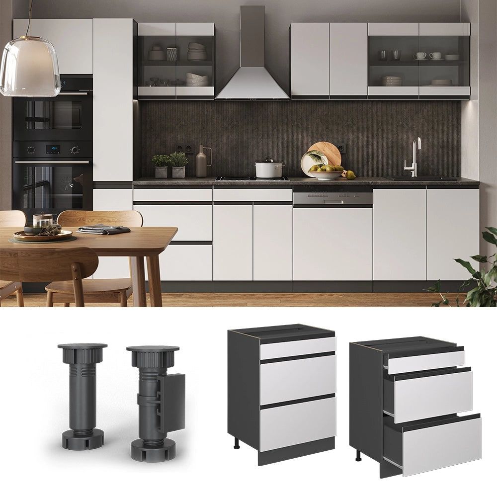 Mobiletto base per cucina R-Line Bianco/Antracite 60 cm J-Shape con cassetti, PL Rovere Vicco