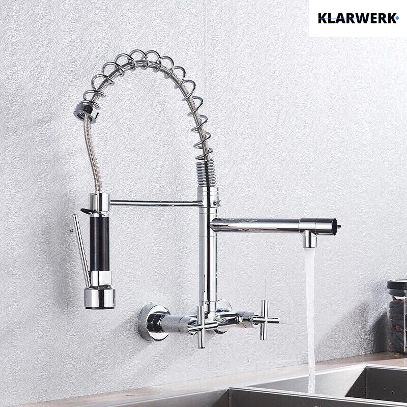 Björn | Herraje de pared para gastronomía argent brillante Grifo  cocina profesional de acero inoxidable con dos duchas|doble lavabo pared restaurante
