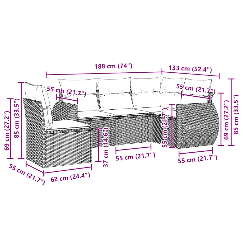 Set Divano da Giardino 5pz con Cuscini Grigio Chiaro Polyrattan