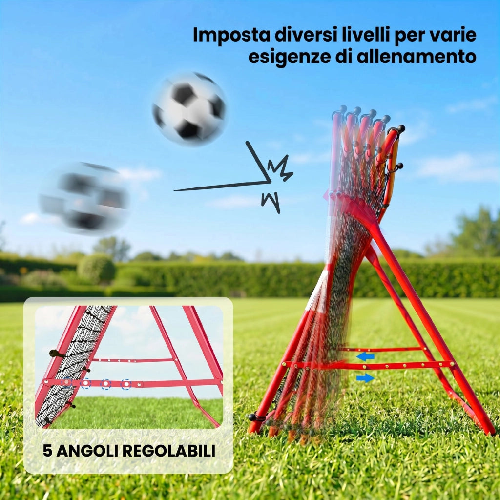 Rete Rebounder per Calcio 103x72x89 cm 5 Angolazioni Regolabili Telaio in Acciaio Rosso