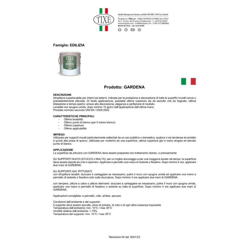 Tixe gardena 4lt idro pittura superlavabile bianca opaca per interni ed esterni alta copertura