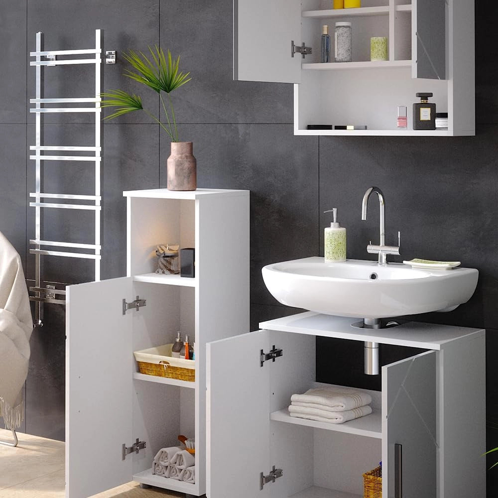 Set mobili bagno Irma, Bianco lucido, 80 cm, composto da mobile sottolavabo, specchiera e mobile medio