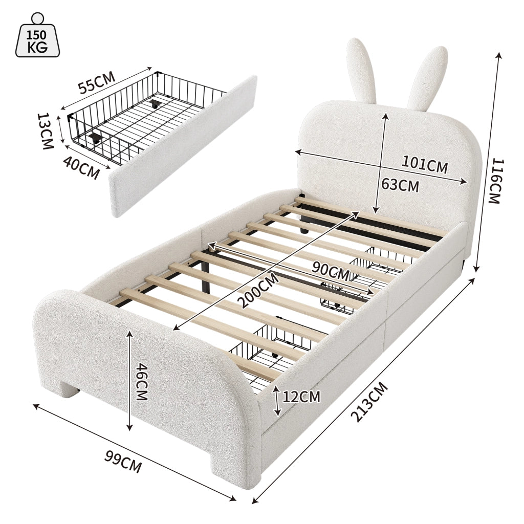 Letto per bambini singolo 90×200 cm con 2 cassetti e testiera imbottita; senza materasso; plush; bianco