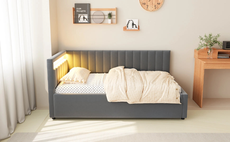 Divano letto imbottito in velluto con LED; contenitore idraulico e testiera reversibile; grigio; 90x200 cm; senza materasso