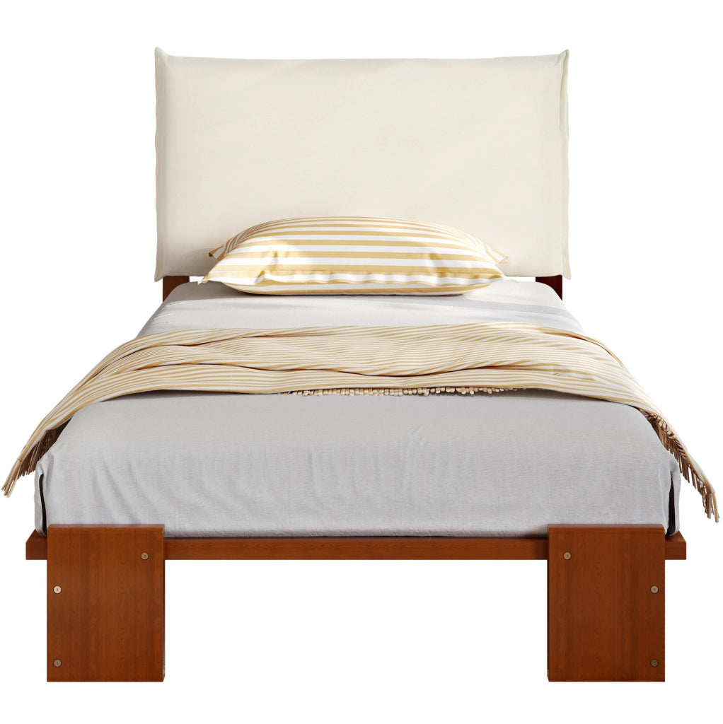 Letto singolo imbottito con testiera in tessuto e rete stabile 90x200 cm, marrone scuro