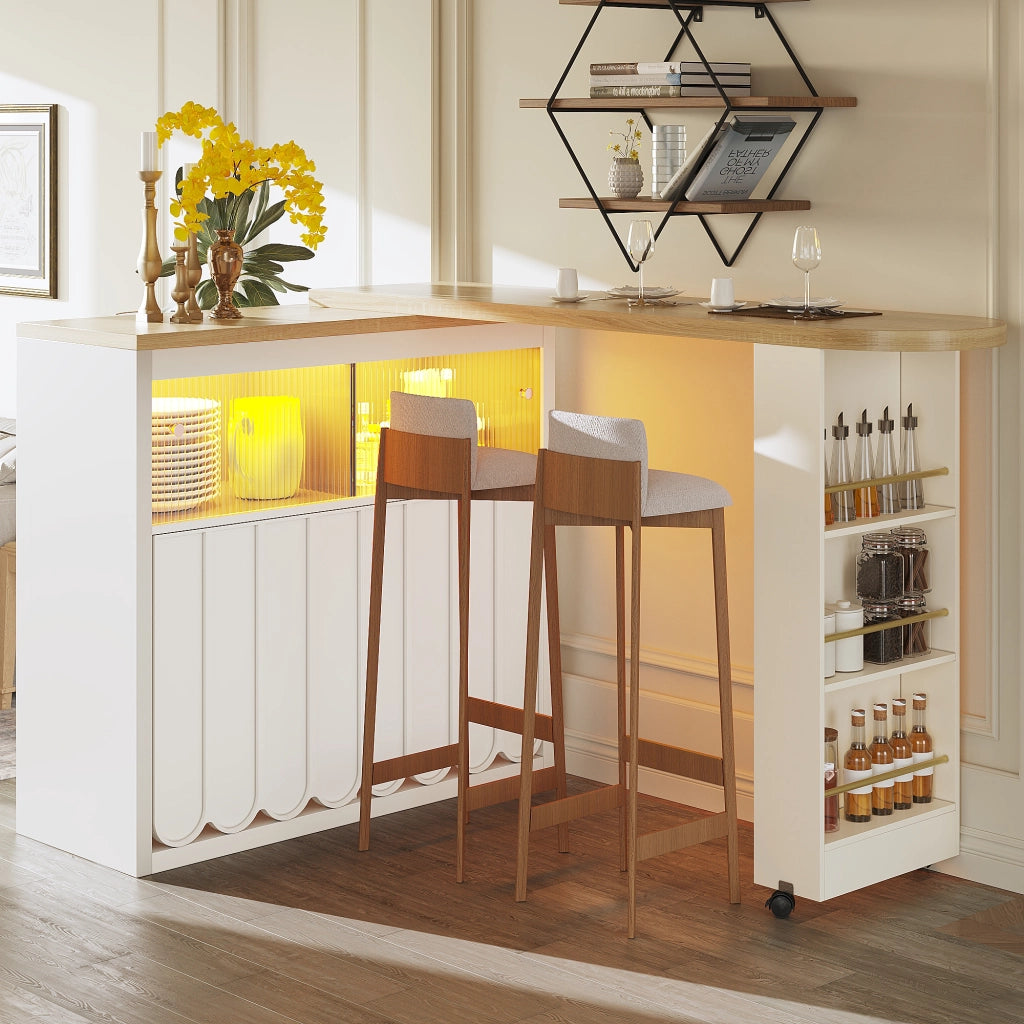 TAVOLO BAR MOBILE 135-205x39x100 cm BIANCO MDF e VETRO LED