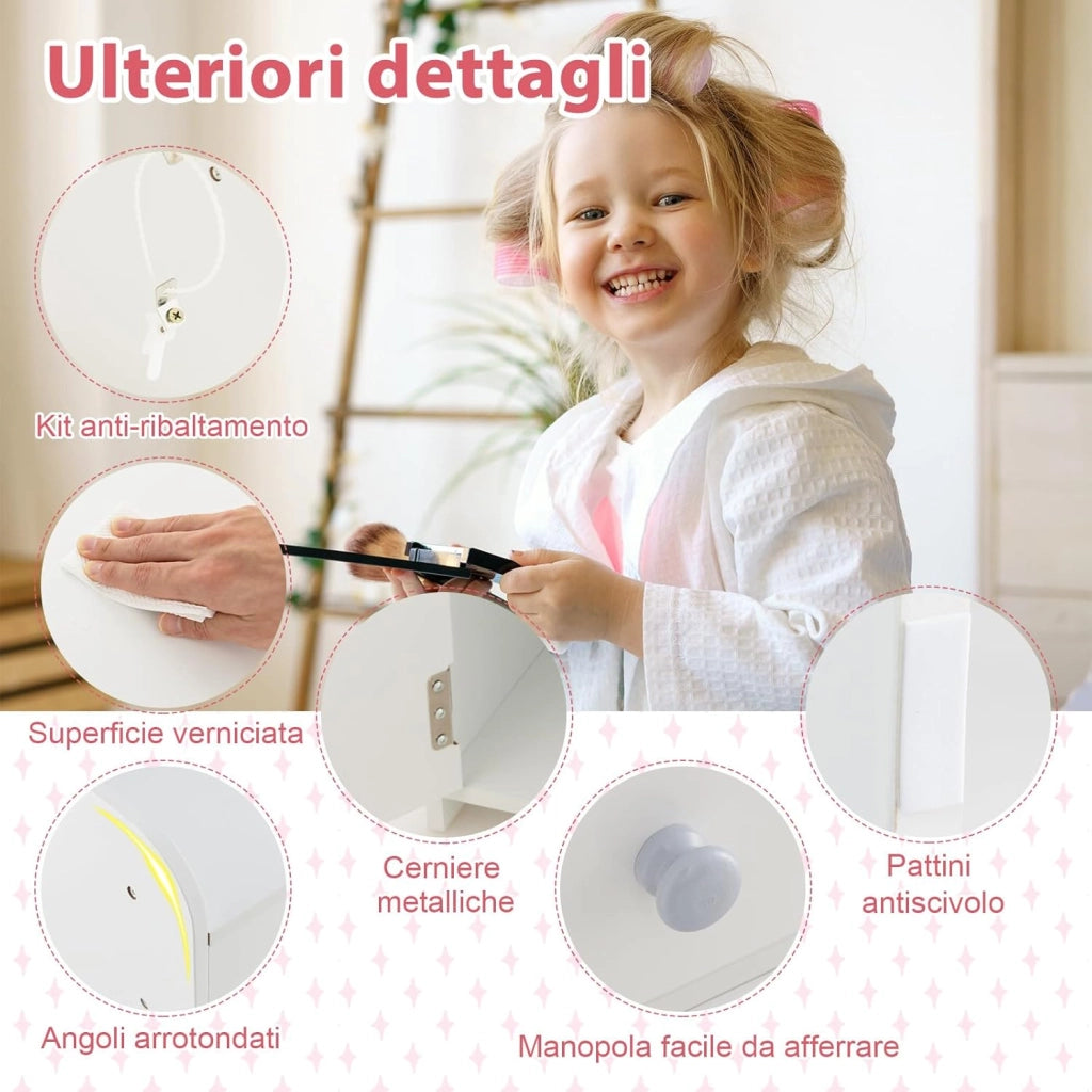 Toeletta Trucco 2 in 1 per Bambina, Specchiera per Ragazza in Legno con Mensole, Cassetto, Ripiani e Luci LED Regolabile, Postazione Trucco per 3 Anni, 80 x 40 x 94 cm (Bianco)