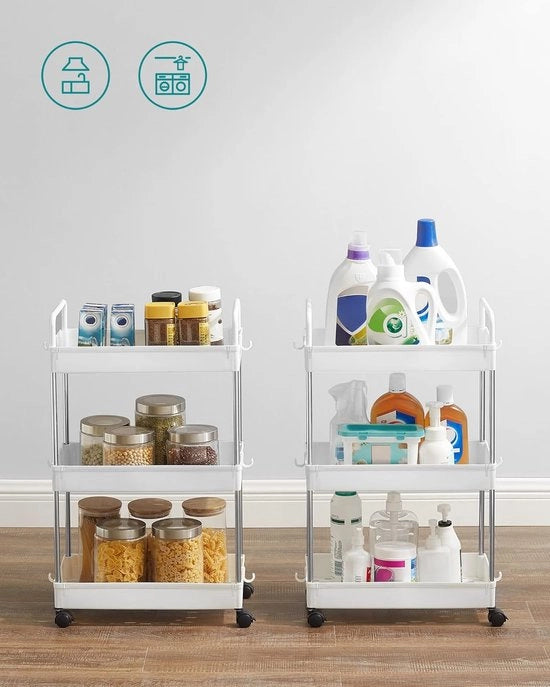 Trolley da cucina a 3 livelli - Maniglie - Piastra da cucina su ruote - 42x225x68 cm - Bianco