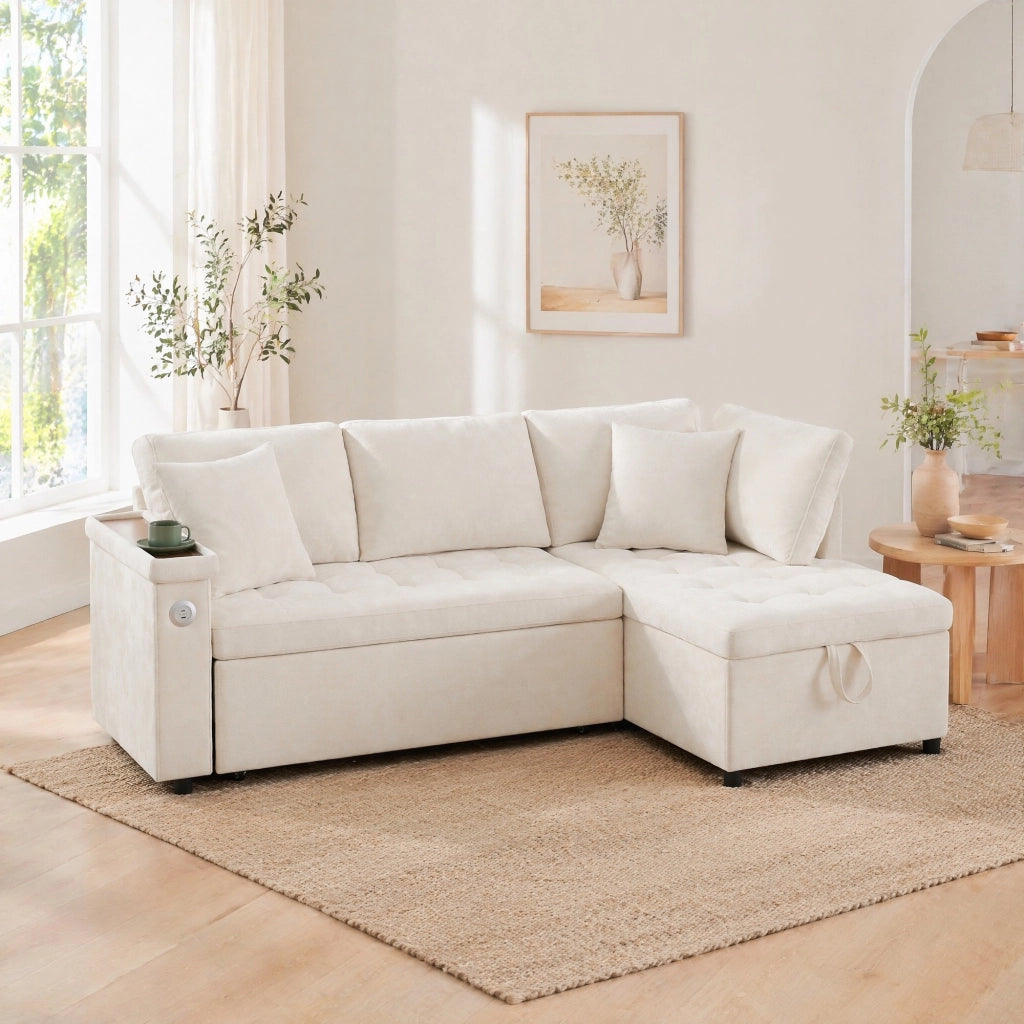 DIVANO LETTO angolare destro 209x130 cm in Chenille Beige con contenitore e USB