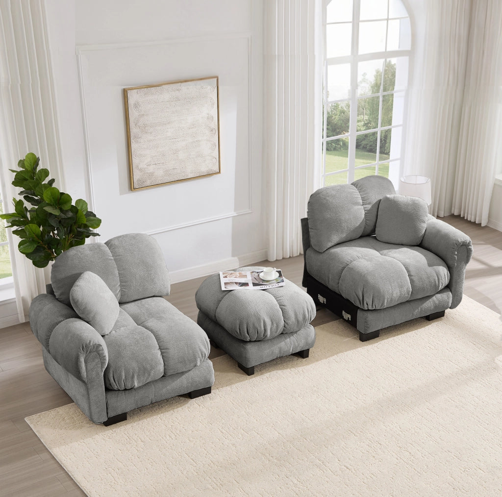Divano in ciniglia grigio chiaro con pouf mobile; 190 x 149 x 90 cm