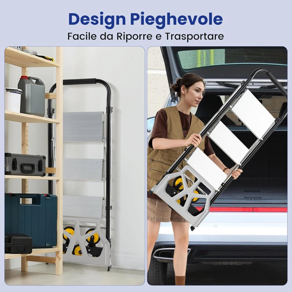 Carrello a Mano 2 in 1 e Scala, Scaletta Pieghevole a 3 Gradini in Alluminio con Ruote in Gomma e Pedali Antiscivolo, Carrello Portatile con Corrimano per Casa e Ufficio, Portata 250 kg