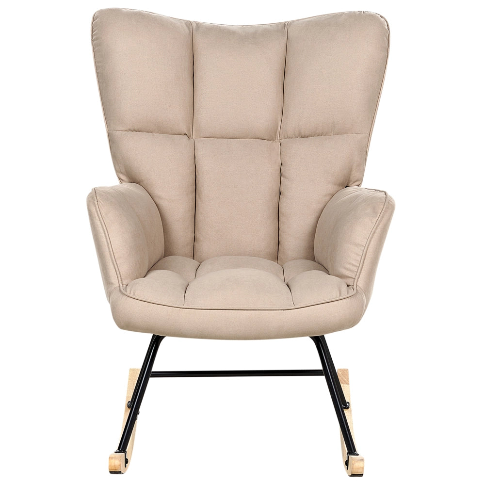 Sedia a dondolo Beige Tessuto poliestere Rivestimento Gambe di legno Pattini Moderna Biscuit Tufting