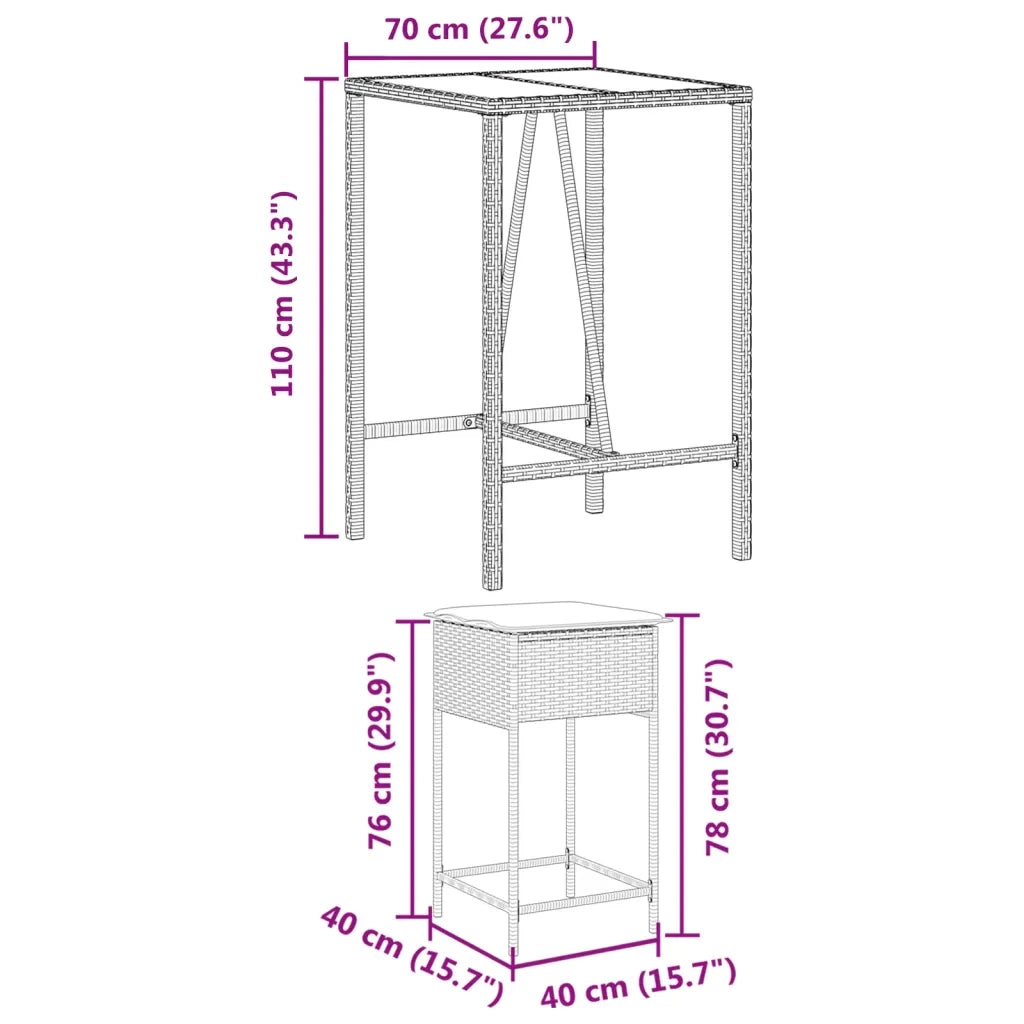Set Bar da Giardino 3 pz con Cuscini in Polyrattan Nero 3261460