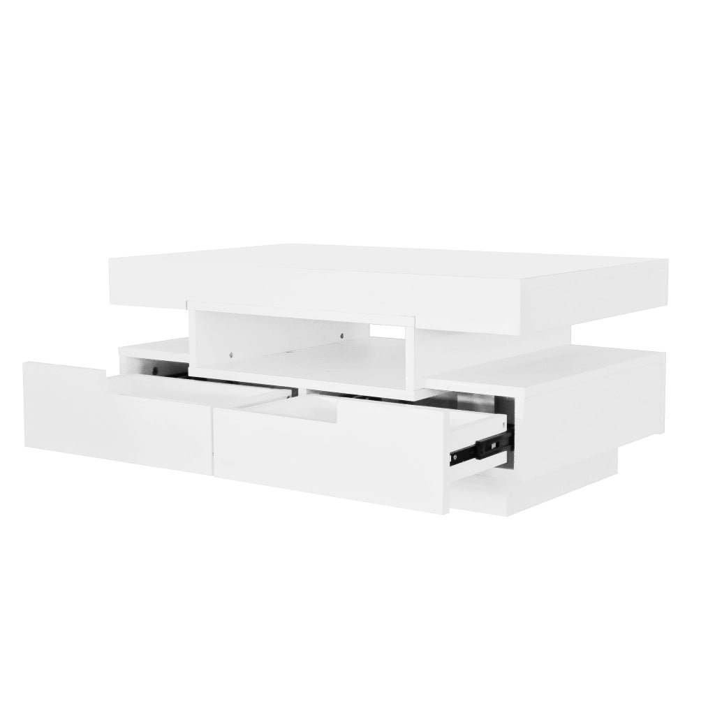 Tavolino da caffè 80x50x36 cm; superficie lucida con LED regolabile; pannello truciolare bianco