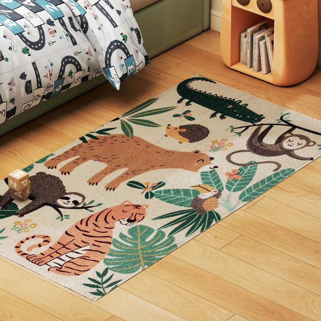 Tappeto in pile con motivo giungla, facile da pulire, colore crema e multicolore ¨C zephmum