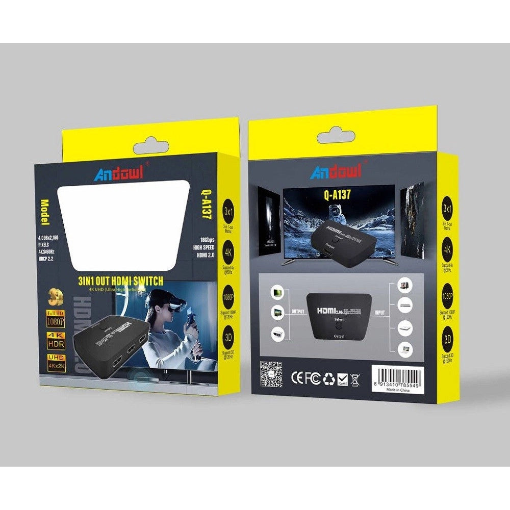 Trade Shop - Commutatore Switch Hdmi 3 Ingressi 1 Uscita Ultrahd 4k Pulsante Selezione Q-a137 -