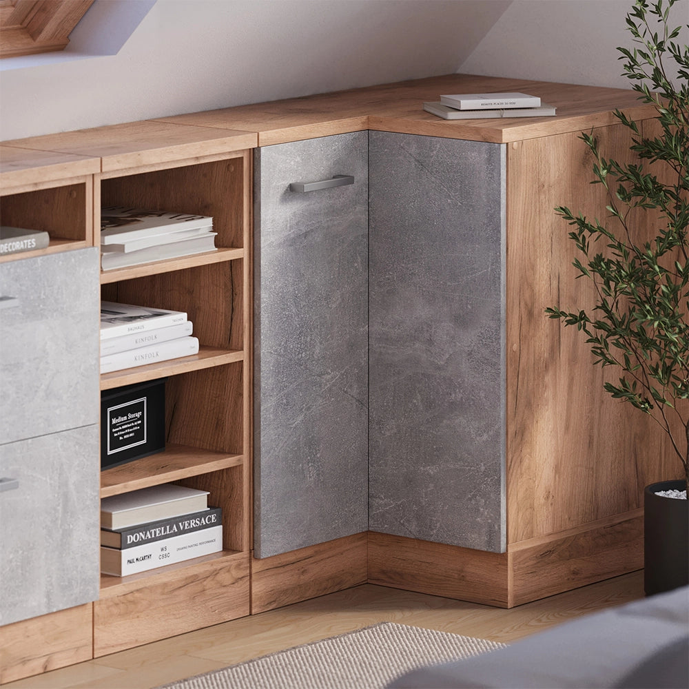Mobile cucina angolare per sottotetto R-Line Calcestruzzo/Rovere dorato 75.6 cm con 1 porta, carcassa dell’armadio profondità 60 cm Vicco
