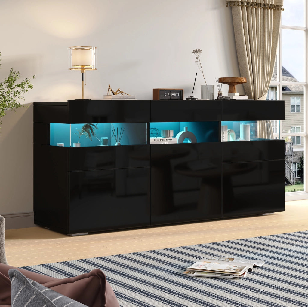 Credenza soggiorno 140 cm nera con LED e 3 ante