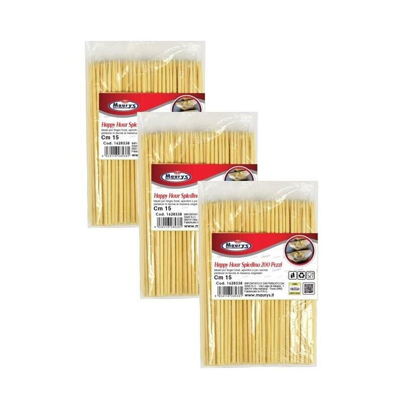 KIT SET 3 PZ MAURY'S HAPPY HOUR SPIEDINO 15CM LEGNO 200PZ