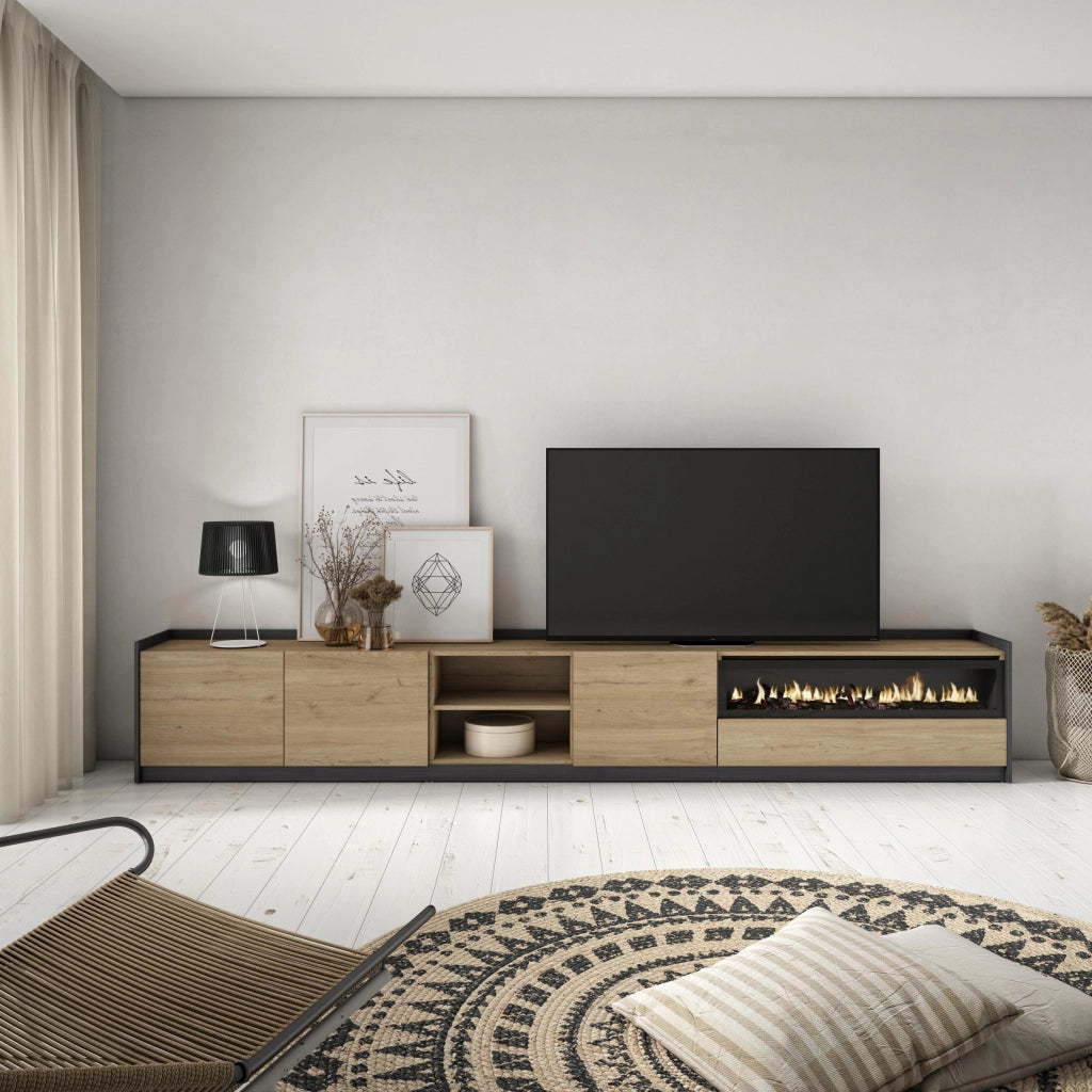 Mobile TV Soggiorno, 310x50x37 cm, Per TV fino a 80", Camino elettrico, Rovere e nero