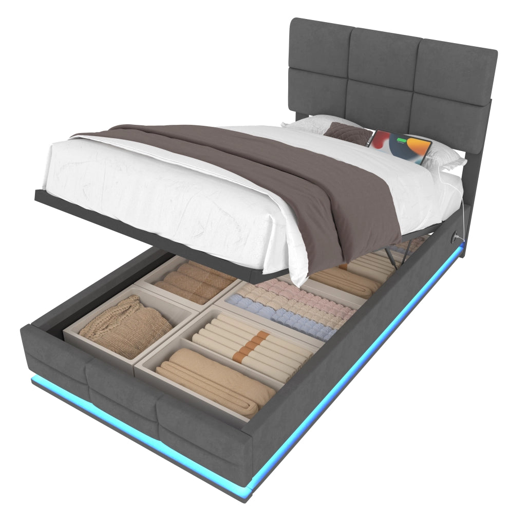 OKWISH Letto Contenitore 90×200 cm, Letto Singolo con USB, Tipo C, LED Regolabile e Testiera Regolabile, senza Materasso, in Velluto, Grigio Scuro