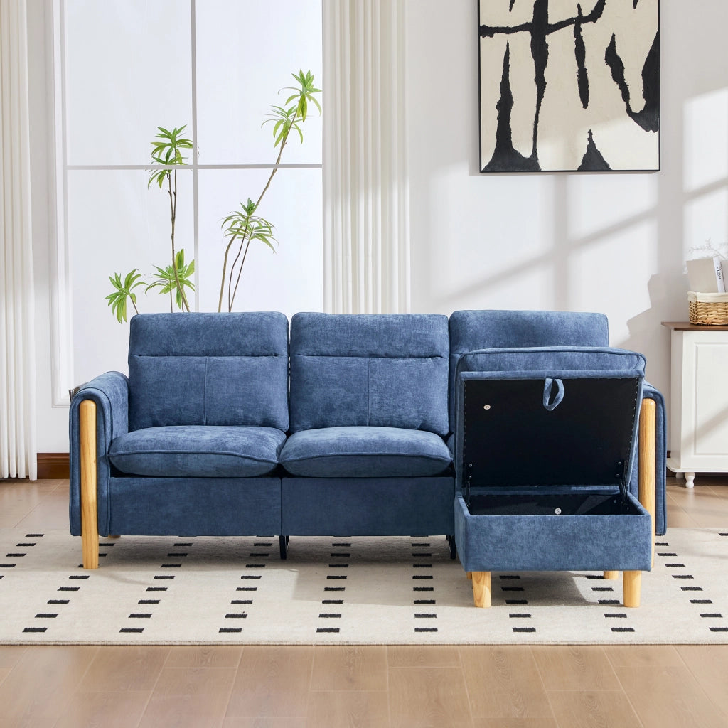 Divano angolare reversibile con vano contenitore e tasche laterali, in Chenille Blu
