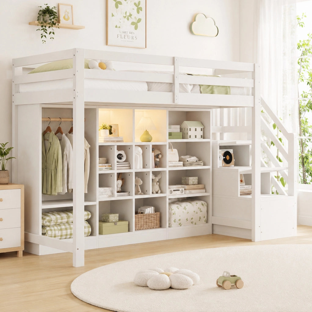 Letto a soppalco 90x200 cm in legno bianco con armadio integrato; ripiani e LED