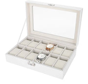 Vetrina Orologio Vetrina Orizzonte per 12 Raster, Cassetta Organizzativa in PU e Pelle con Display in Vetro e Copertura in Vetro, Bianco
