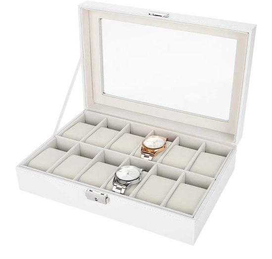 Vetrina Orologio Vetrina Orizzonte per 12 Raster, Cassetta Organizzativa in PU e Pelle con Display in Vetro e Copertura in Vetro, Bianco
