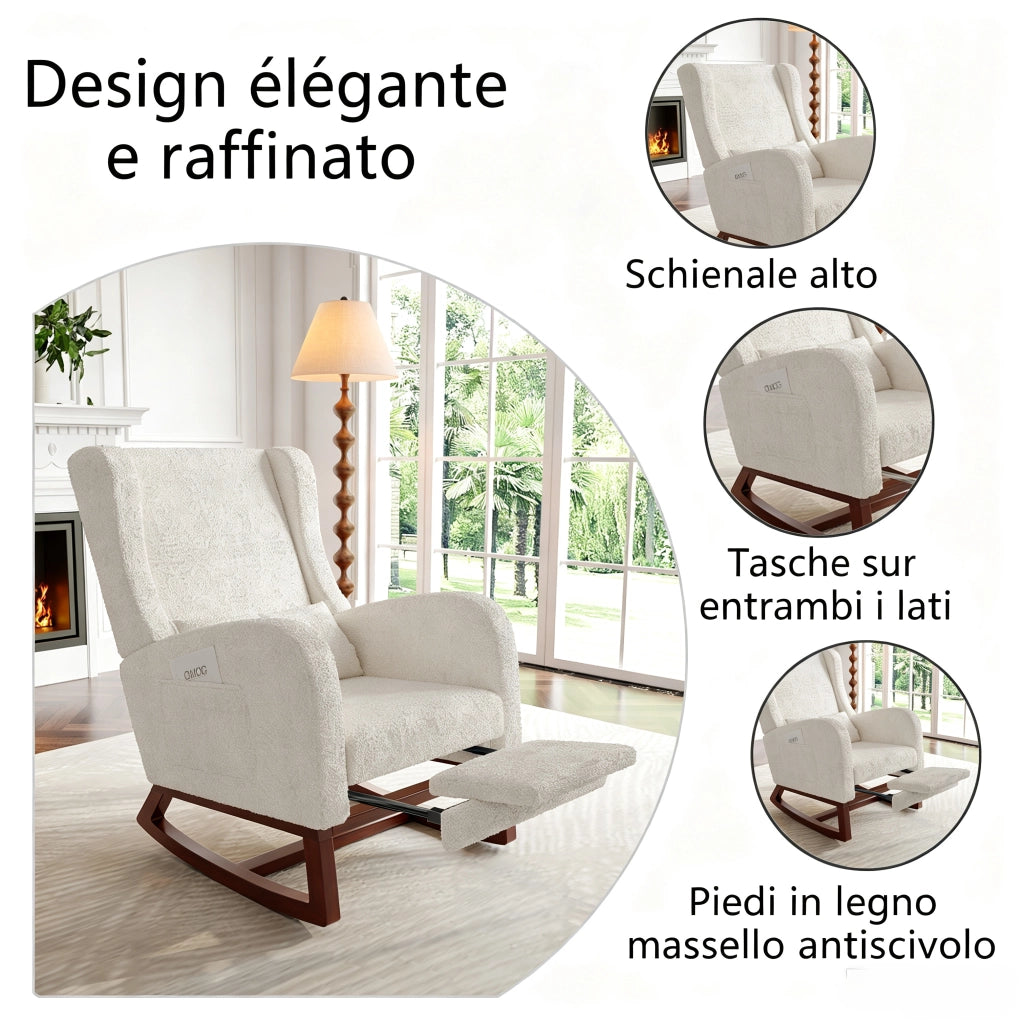Poltrona relax a dondolo 67x64x99cm con poggiapiedi e tasche sedia a dondolo da interno per allattamento struttura in legno e teddy; bianco