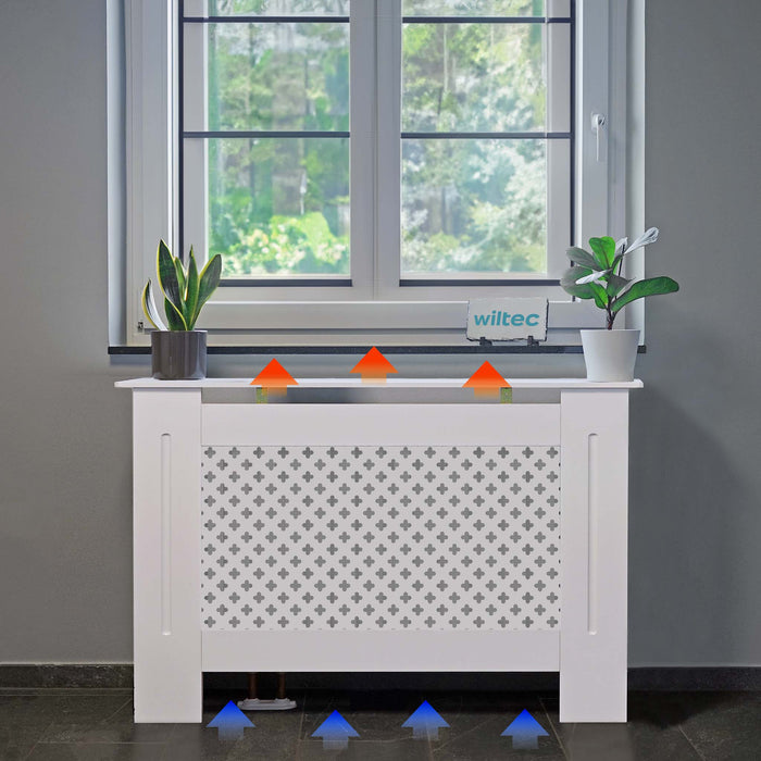 Toboli Copritermosifoni in legno bianco 112 x 19 x 82 cm, copri termosifone in MDF, pannello in legno per radiatori, elegante mobile copritermosifone