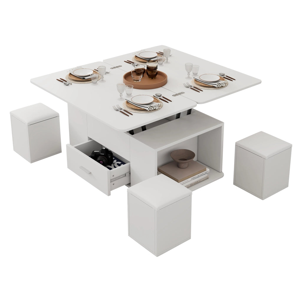 Tavolino multifunzione 100x50x45 cm; piano sollevabile con 4 sgabelli; truciolato; bianco
