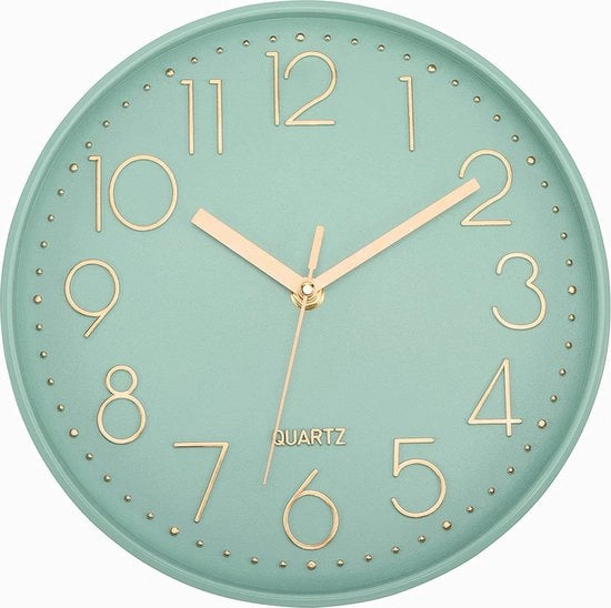Oro verde decorativa orologio a muro, stile, non ticcante, funzionante a batterie per soggiorno, camera da letto, ufficio cucina (30 cm)
