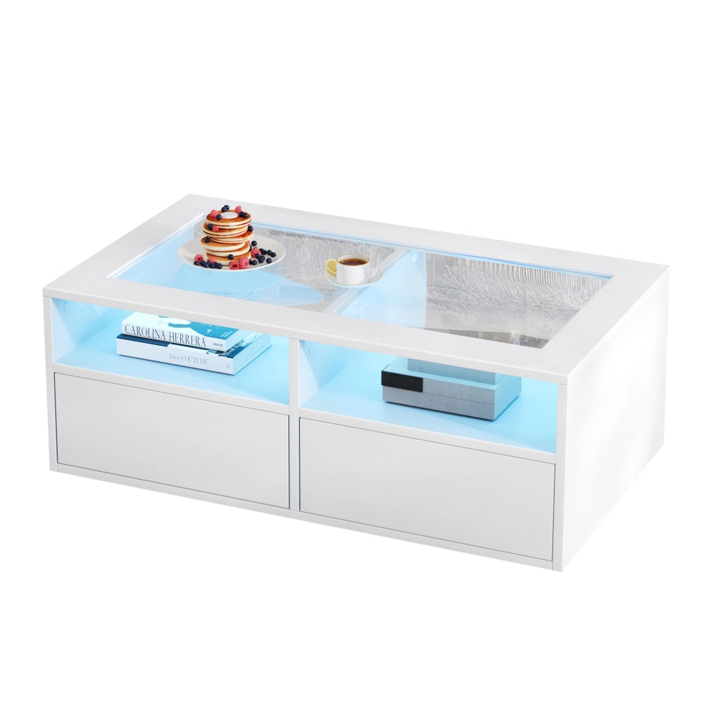 TAVOLINO DA CAFFÈ 100x50x35 cm Bianco in Vetro e Truciolato con LED e 2 Cassetti
