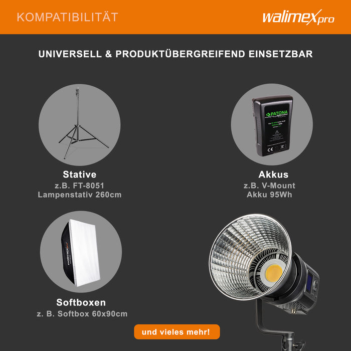 LED Niova Compact 120 W luce video bicolore, luce video con attacco Bowens, luce da studio con tecnologia COB LED, luminosità regolabile dal 10 al 100%.