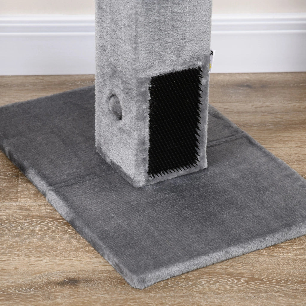 Albero Tiragraffi per Gatti 59,5x39x79 cm 2 Palline Giocattolo e Spazzola in Legno Iuta e Peluche Grigio