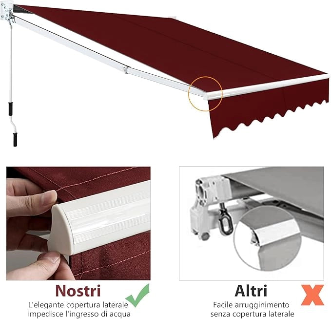 Tenda da Sole per Esterno Avvolgibile, Tenda da Sole a Bracci Estensibili con Telaio in Alluminio e Tettuccio Resistente al Sole e Impermeabile e Manovella (245 x 200 cm,Rosso)