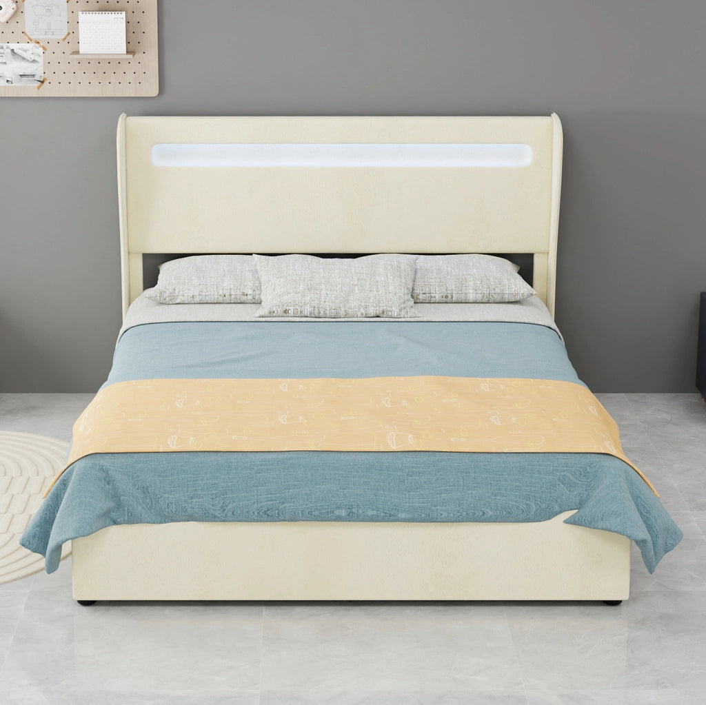 Letto imbottito con LED e testiera regolabile 140x200 cm beige
