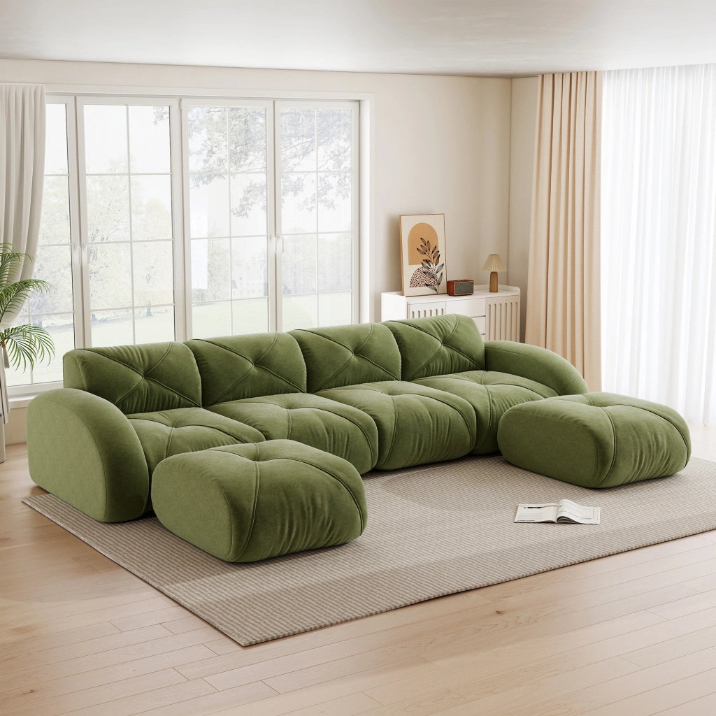 Divano modulare a U senza struttura con 4 posti e 2 pouf, in ciniglia verde, antiscivolo, per soggiorno, senza montaggio