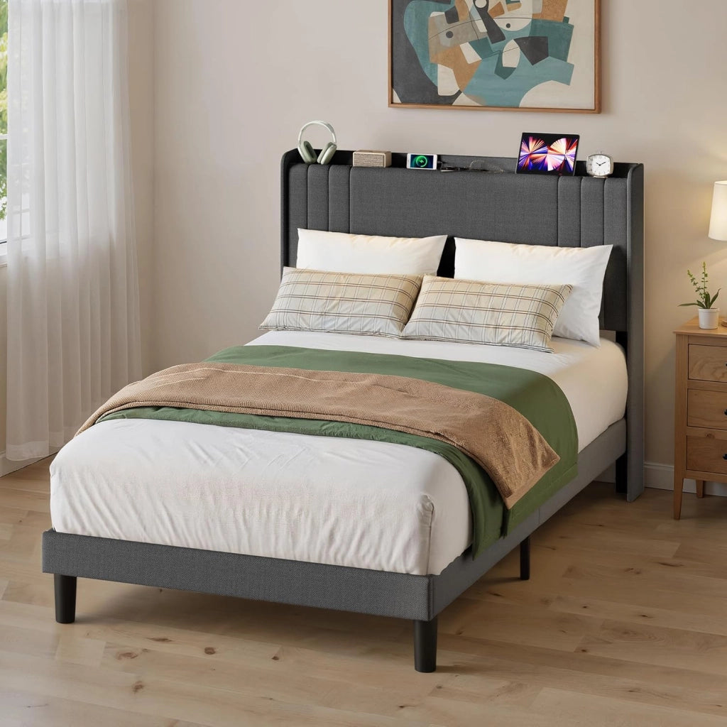 Letto imbottito con luce LED 120 x 200 cm，Piattaforma Struttura letto (2 Prese CA 2 Porte USB), Per le camere degli ospiti e le camere da letto (Grigio scuro)