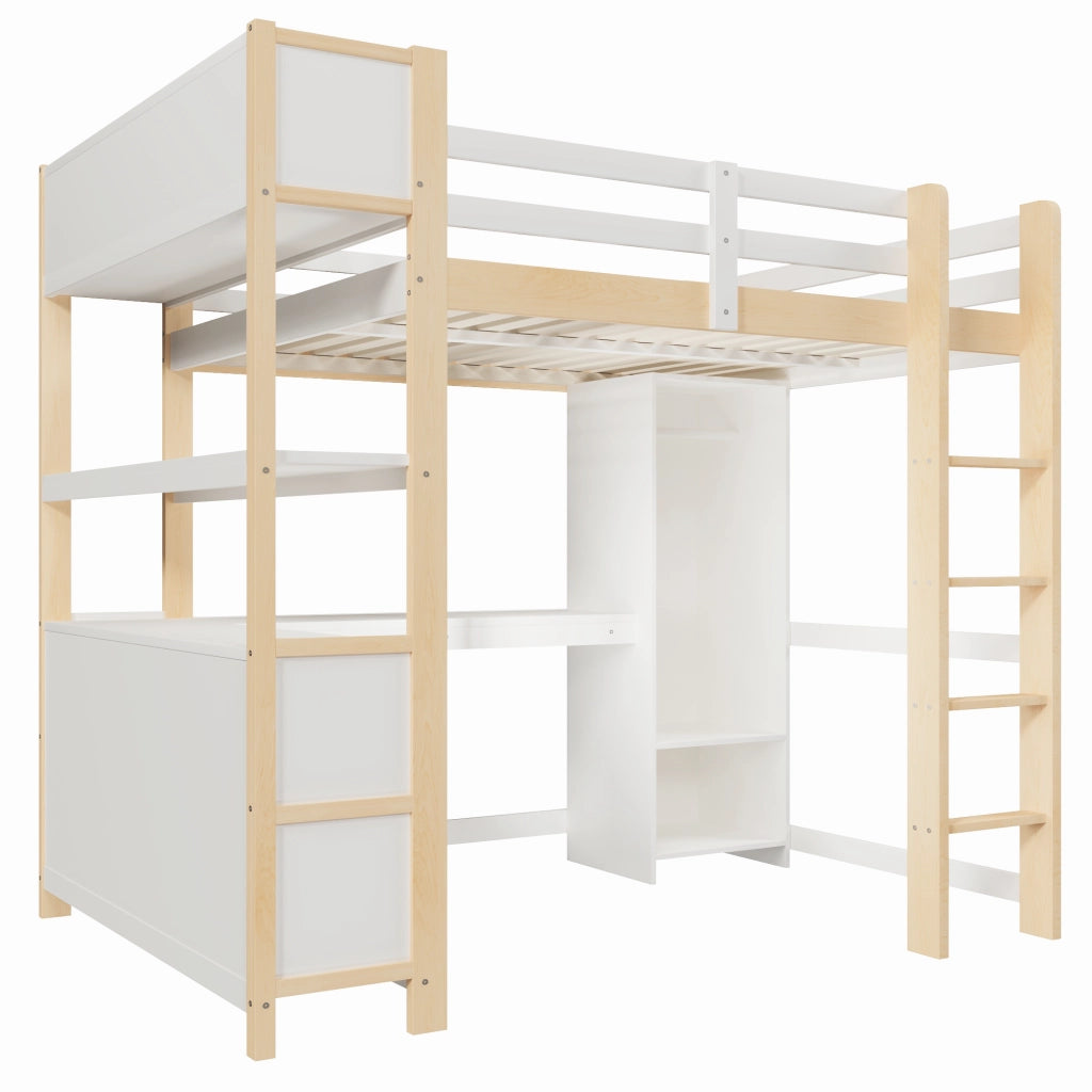 Letto a soppalco 140×200 cm con scrivania; ripiani e armadio; senza materasso; legno; naturale