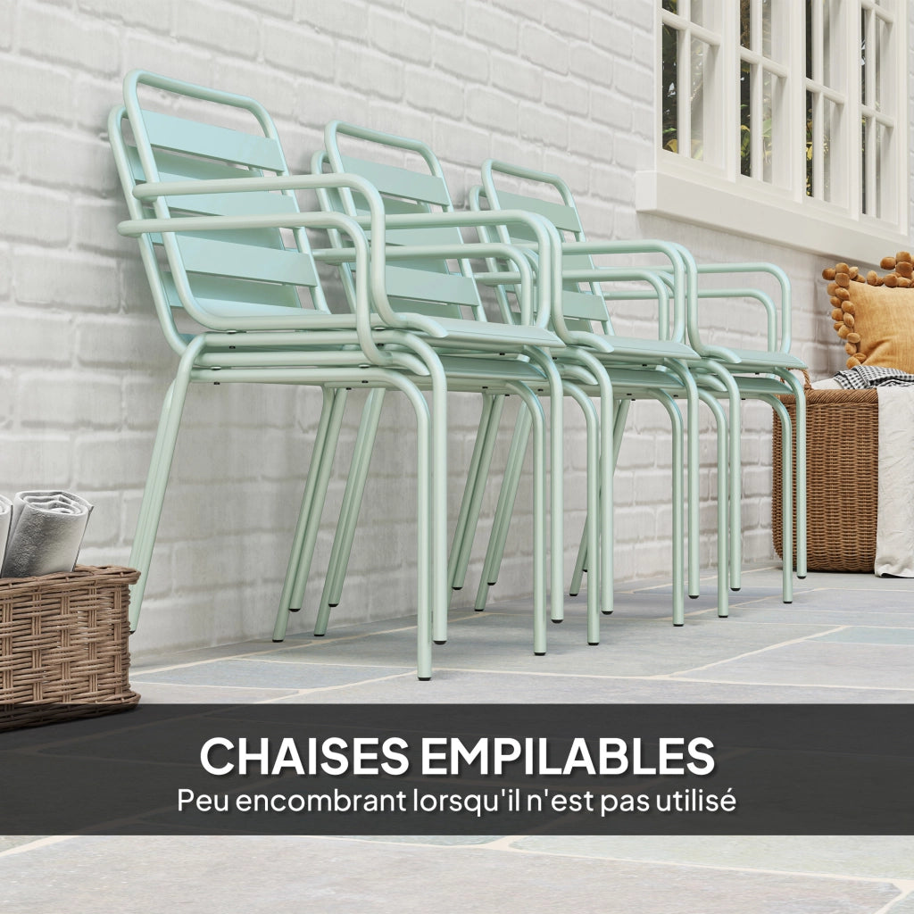 Set da giardino 7 pezzi con tavolo e 6 sedie impilabili in acciaio verde chiaro ¨C zephmum ¨C verde chiaro