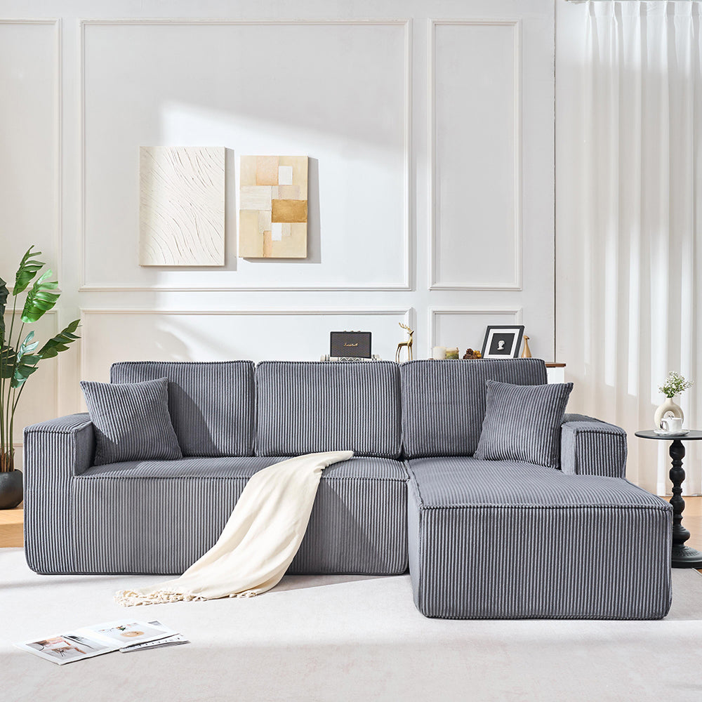 Divano angolare in velluto costato - Xylo - 2 posti + chaise longue, schiuma ad alta densit¨¤, grigio