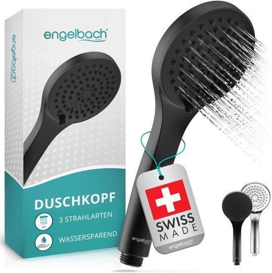 Douchekop idrorisparmiatore - Made in Svizzera | 3 tipi di getto: pioggia gentile, massaggio e intensivo | Douchetta universale (9L/min), douchekop nero
