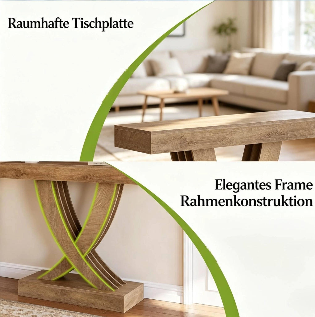 Tavolo consolle in MDF marrone con base a X; larghezza 110 cm