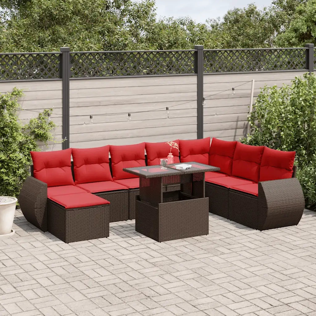 Set Divani da Giardino 9 pz con Cuscini Marrone in Polyrattan 3268734