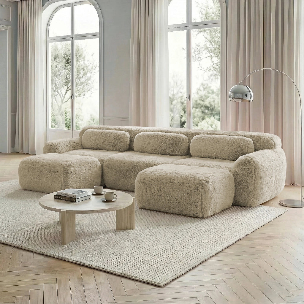 Divano Modulare a U 2-4 Posti senza Montaggio con Cuscini Base Antiscivolo Comfort Nuvola in Peluche Cachi Chiaro