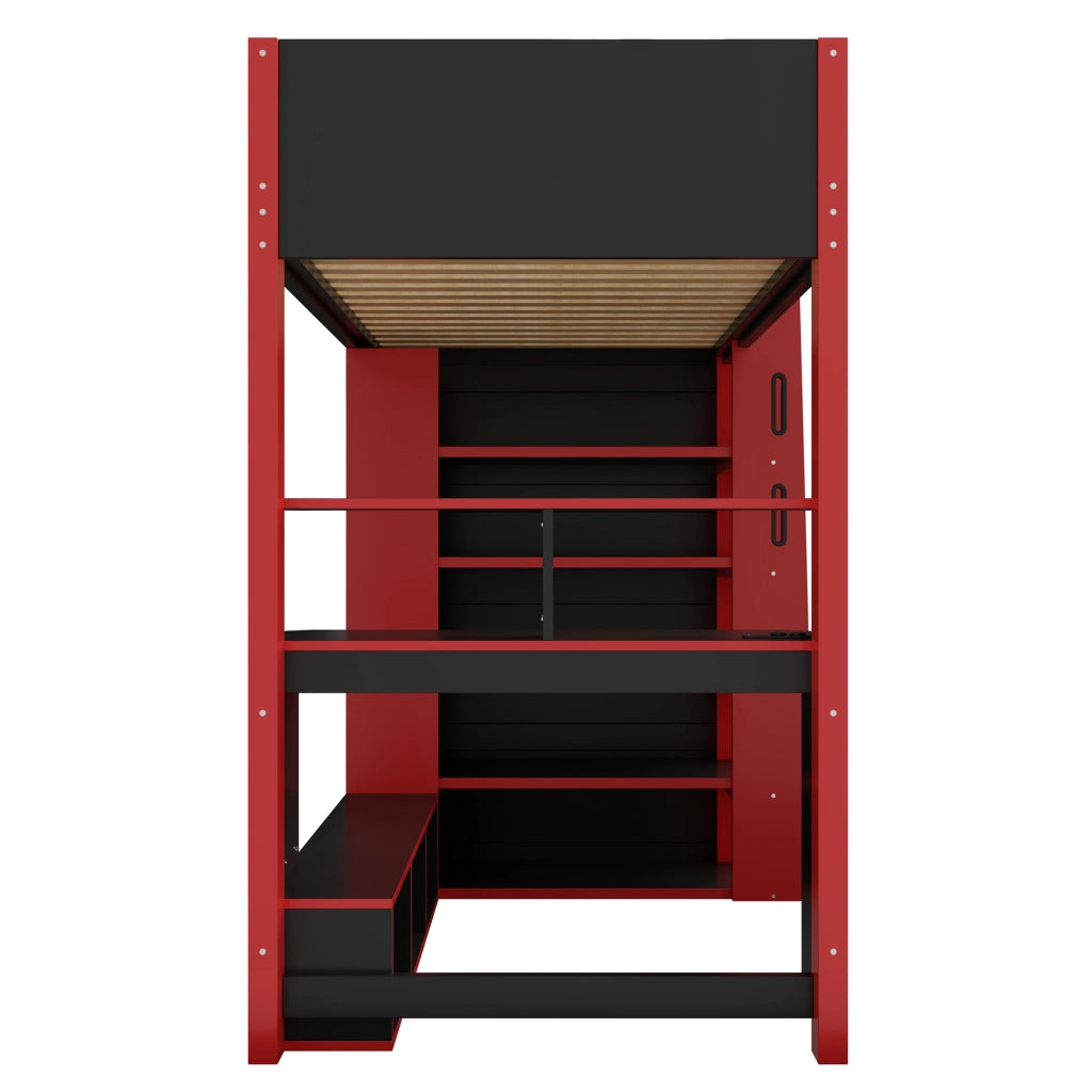 Letto a Soppalco Letto Singolo 90x200 cm con Scrivania; LED e Scaffale; Nero Rosso
