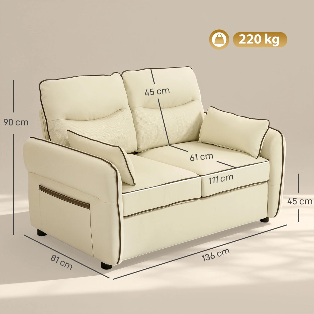 Divano 2 Posti 136x81x90 cm con Imbottitura Spessa Tasca Laterale e 2 Cuscini in Finta Pelle Beige