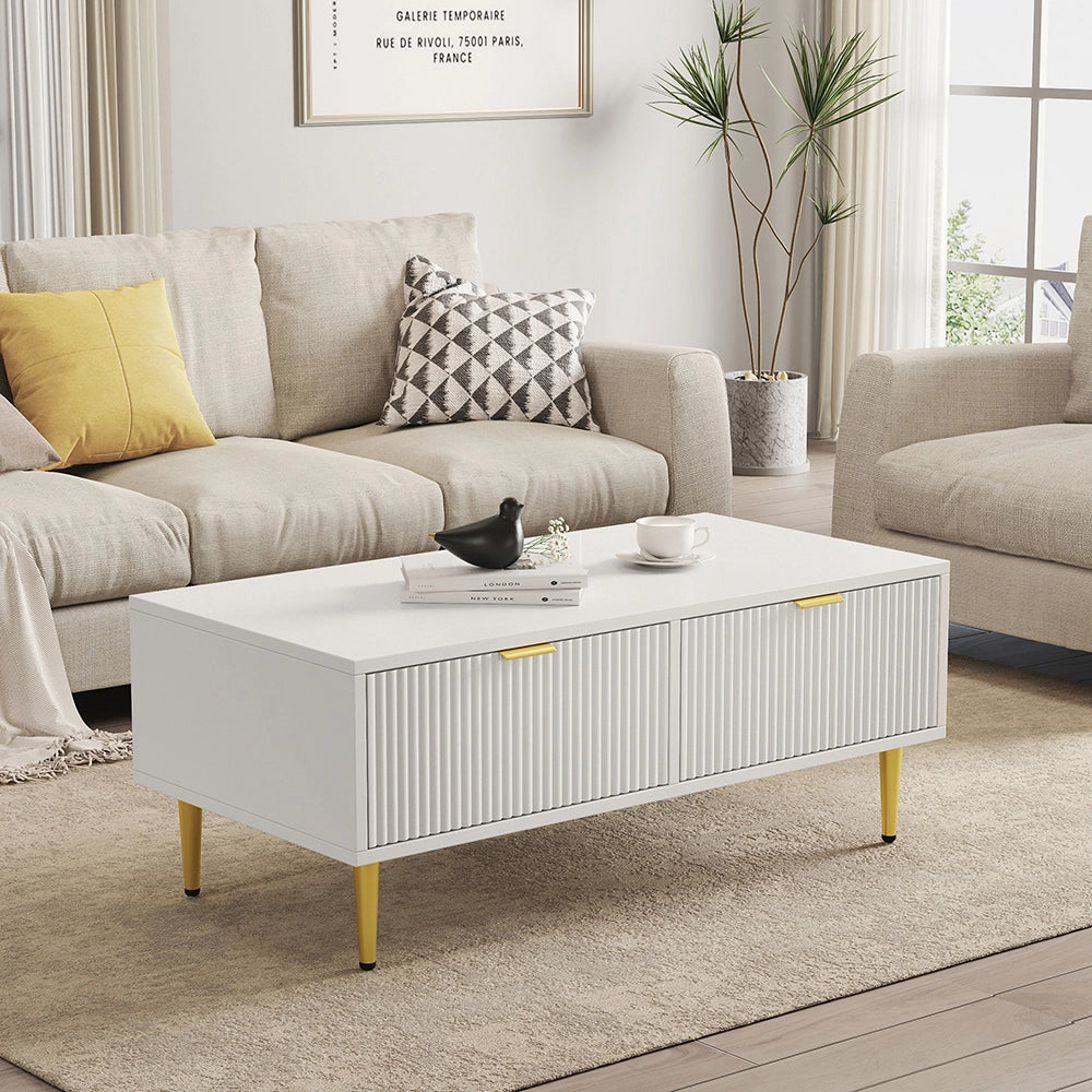 Tavolino moderno con finiture dorate - Xylo - 2 cassetti design strisce verticali 100x50x40cm